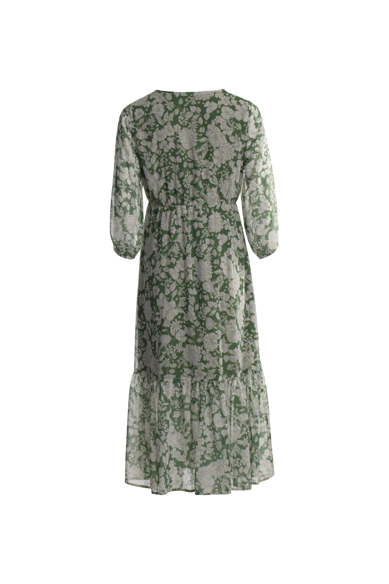 Button front printed Chiffon Dress | Green Wht Lurex Flower | 8556YY ...